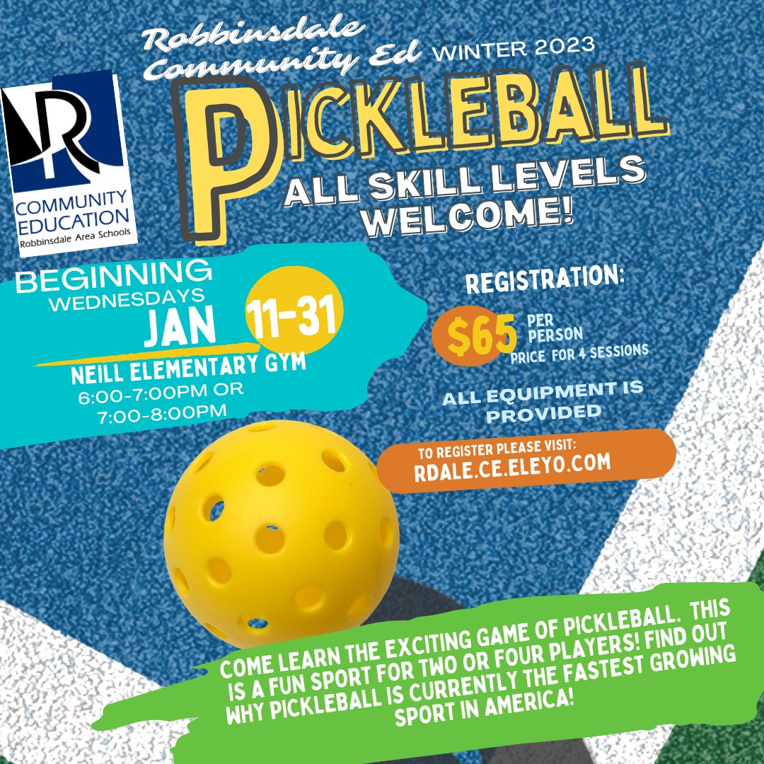 RASCommunityEd's tweet image. In Pickleball We Trust! Join this fast-paced sport that is taking the US by storm!
Pickleball is a mix of table tennis and badminton.
Register online today! rdale.eleyo.com (adult enrichment)