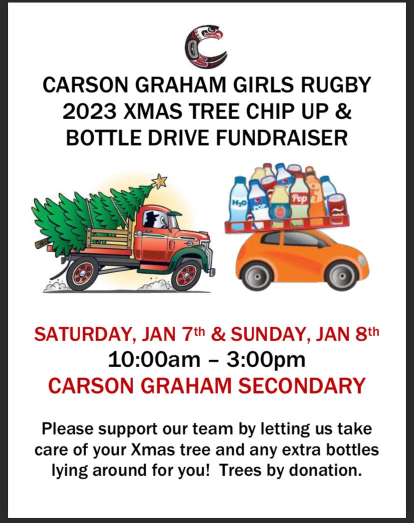Christmas tree and holiday bottles to get rid of? Come out on January 7-8 to support the Carson Girls Rugby Team in their 23rd annual chip up and bottle drive fundraiser! All donations will go directly to the players and the program. <a href="/NVSD44/">School District 44</a> <a href="/cg_pac/">Carson Graham PAC</a>