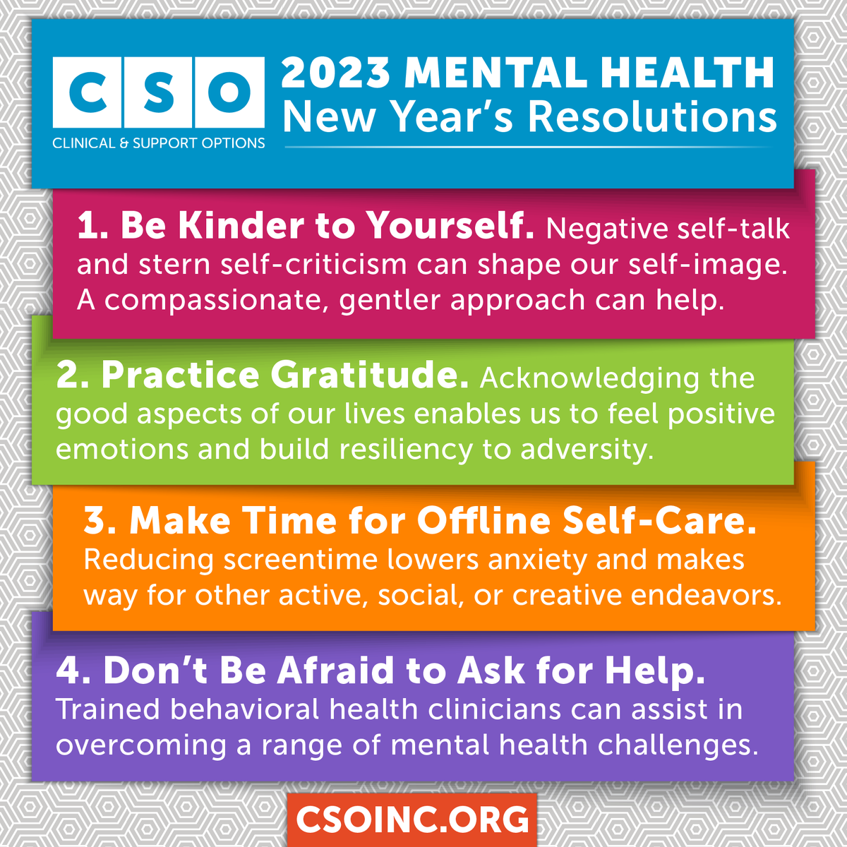This year, more people are prioritizing their #mentalhealth among their #NewYear's Resolutions.

Here are just a few ideas to consider when thinking about your own #NewYearsResolution.