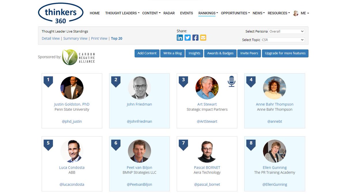 Delighted to sponsor the #CSR Thought Leader &amp; Influencer Leaderboard from <a href="/thinkers360/">Thinkers360</a>!

To view or participate (free) thinkers360.com/tl/users/signup

<a href="/phd_justin/">Justin Goldston PhD - Check Me on Rumble 👇</a> <a href="/JohnFriedman/">John Friedman</a> <a href="/ArtStewart/">What Matters Most!</a> <a href="/annebt/">Anne Bahr Thompson</a> <a href="/lucacondosta/">luca condosta</a> <a href="/PeetvanBiljon/">Peet van Biljon</a> <a href="/pascal_bornet/">Pascal Bornet</a>  <a href="/travelerka/">Dr Aleksandra Plazinic</a> <a href="/markperera/">Mark Perera</a> +

#Sustainability