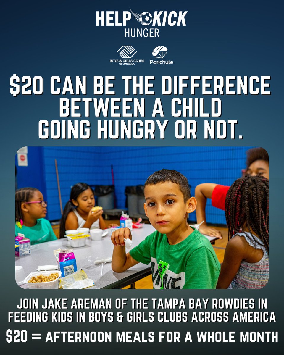 parichuteapp's tweet photo. No child should ever go hungry--just $20 ensures that they won't. 

Donate to @JakeAreman's  #HelpKickHunger booster on Parichute to feed kids in Boys &amp; Girls Clubs (@BGCA_Clubs) across America and your donation will be matched through December 31🙌
👉https://t.co/KLYDPBKqE0 https://t.co/AKhbHzyCS7