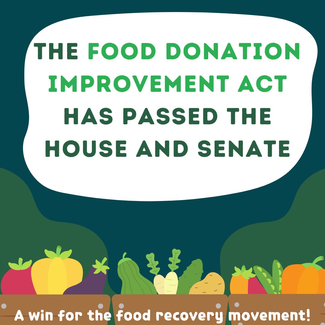 FoodRecovery's tweet photo. The #FDIA is on its way to the President’s desk! This is a huge milestone for FRN and the larger food recovery movement and a major stride toward ending food insecurity, fighting food waste, and building a better food system. 🎉 https://t.co/jGf5wNkFmg