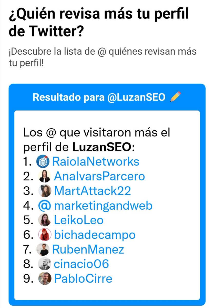 LuzanSEO's tweet photo. 👋 Hola

1. @RaiolaNetworks
2. @AnaIvarsParcero
3. @MartAttack22
4. @marketingandweb
5. @LeikoLeo
6. @bichadecampo
7. @RubenManez
8. @cinacio06
9. @PabloCirre https://t.co/umlnHhWM8M