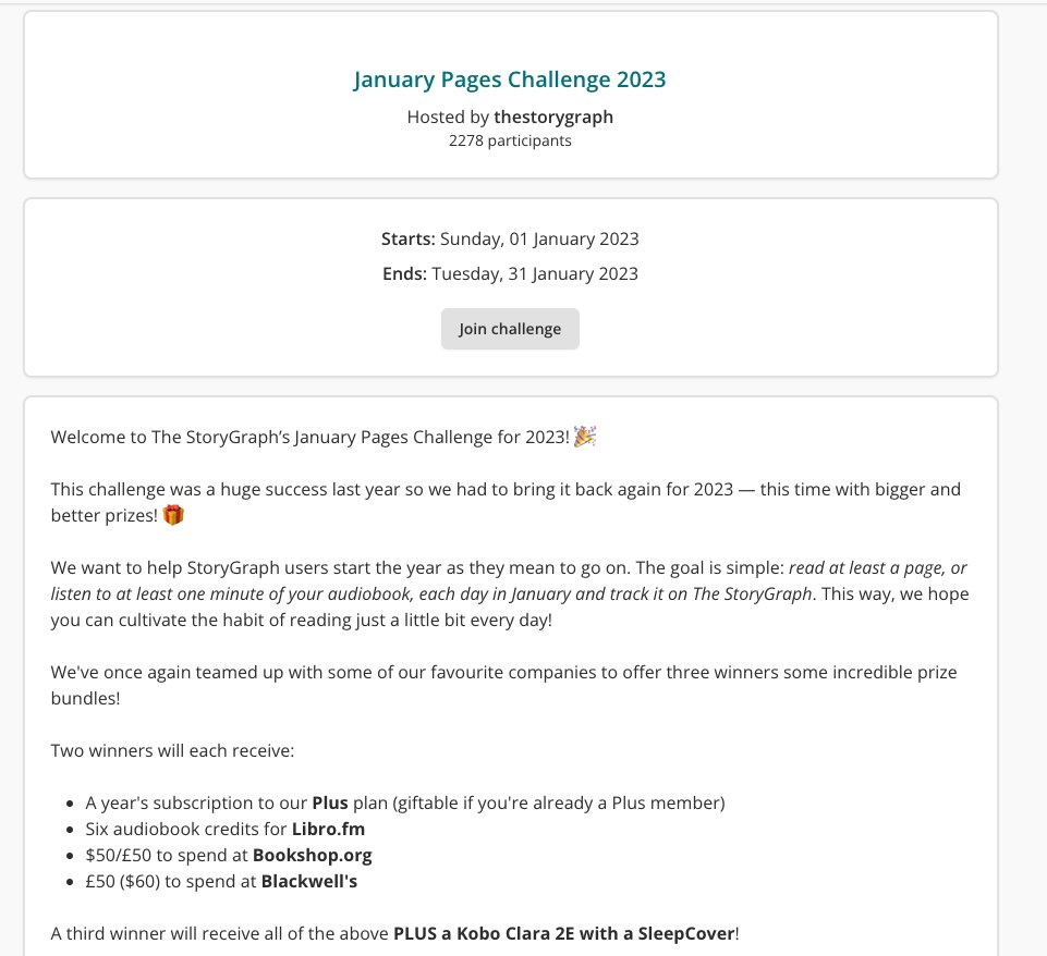 Our January Pages Challenge for 2023 is now live! 🎉

Want to get into the habit of reading a little bit every day, and have the chance to win prizes from us, @Bookshop_Org, <a href="/librofm/">Libro.fm</a>, <a href="/kobo/">Kobo</a>, and <a href="/blackwellbooks/">Blackwell's</a> while doing so?

Head to the Reading Challenges section in the app!