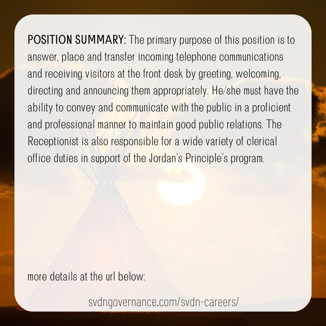 SVDN_JP_Receptionist_FT_2023.01.13_2022147
Deadline: January 13, 2023 4:00 pm

svdngovernance.com/svdn-careers/