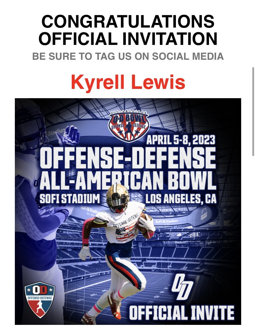 kyrell_7's tweet photo. Blessed to receive an invitation to the Offense-Defense All American Bowl game in California!! @Jayb222 @BVEvery @ODFootballCamps https://t.co/G54lmuoSHt