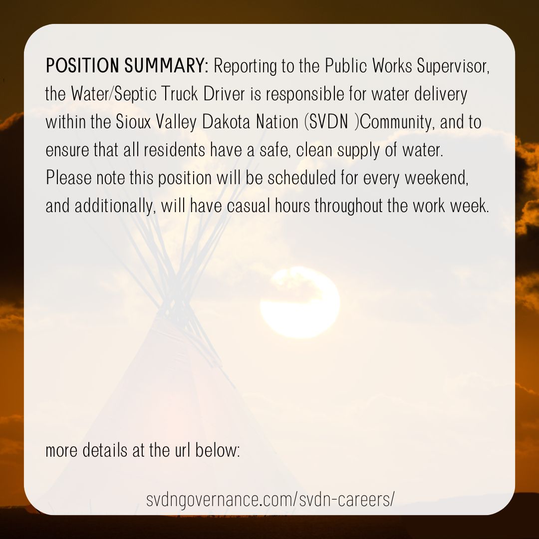 SVDN_Public_Works_Water_Septic_Truck_Driver_Casual_2023.01.13_2022129
Deadline: January 13, 2023 4:00 pm

svdngovernance.com/svdn-careers/