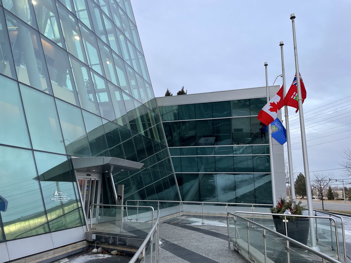 PeelPolice's tweet photo. Our flags ⁦⁦⁦@PeelPolice⁩ HQ &amp; at our divisions are at half-mast today, as we continue to mourn the death of our friend, colleague &amp; police family member, Cst. Pierzchala who gave the ultimate sacrifice. He will never be forgotten. ⁦⁦⁦⁦⁦@OPP_News⁩ https://t.co/MQvgSAHkjN
