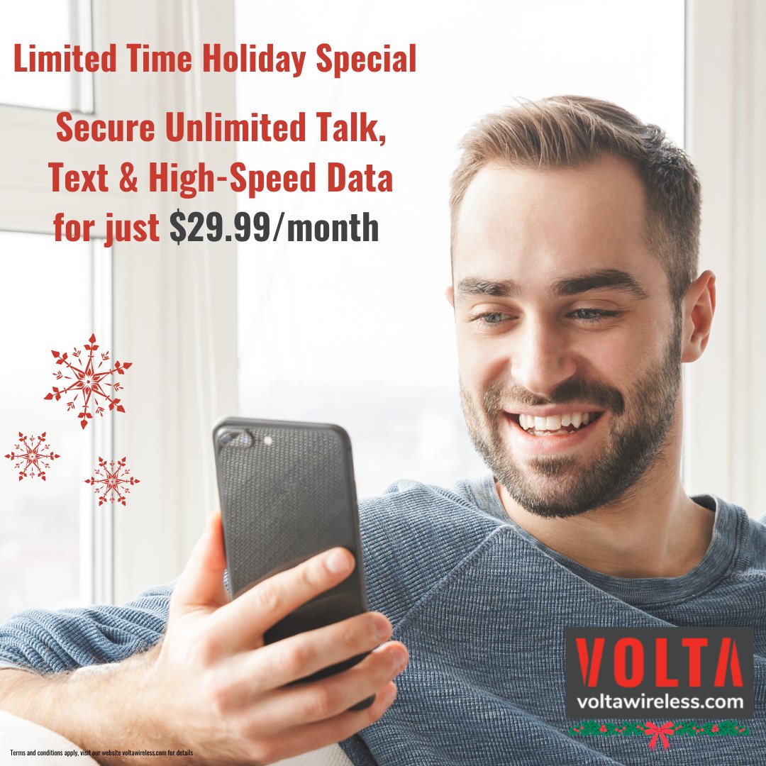 VoltaWireless's tweet photo. Take advantage of this special holiday offer before it's too late!

Get Secure Unlimited Talk, Text &amp; High-Speed Data for just $29.99 / month with Volta Wireless. 
https://t.co/nxmkS8TqSu

#LetFreedomRing https://t.co/7LdFYUMMQV