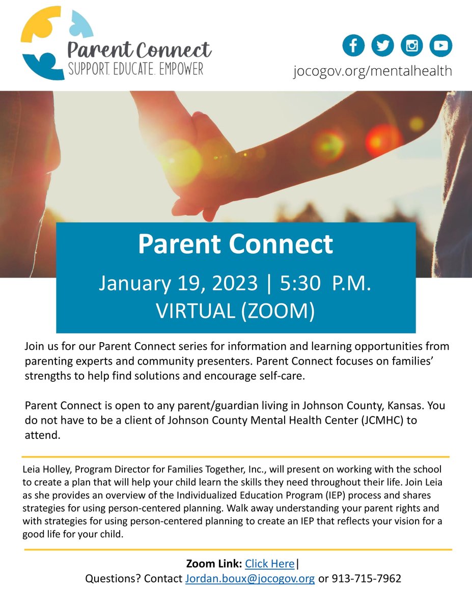 Join Parent Connect virtually on January 19th, 2023, at 5:30 pm! This series is put on by <a href="/JOCOMNH/">Johnson County Mental Health Center</a>  and focuses on families' strengths to identify strategies to support their child in school and encourage self-care.  

Zoom link:tinyurl.com/y7453bem