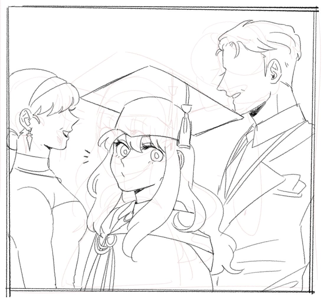 i'm drawing a follow-up comic to the graduation photo but mortarboard hats are so silly to draw 🎓🤔 