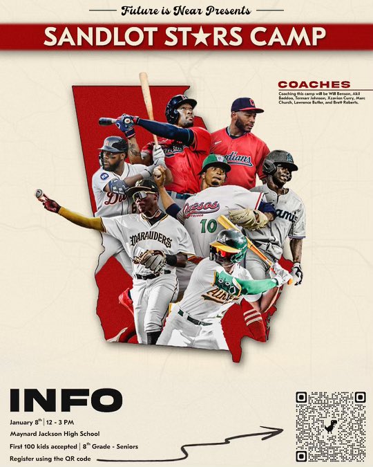 xzavioncurry's tweet photo. FutureIsNear presents SANDLOT STARS CAMP on Jan 8th at Maynard Jackson Highschool!

Camp is limited to the first 100 registered players. Register with the QR code. 

Special thank you to @drapersdesigns, @rxjcurry , @mjagsbaseball https://t.co/DlxxNlB7Jx