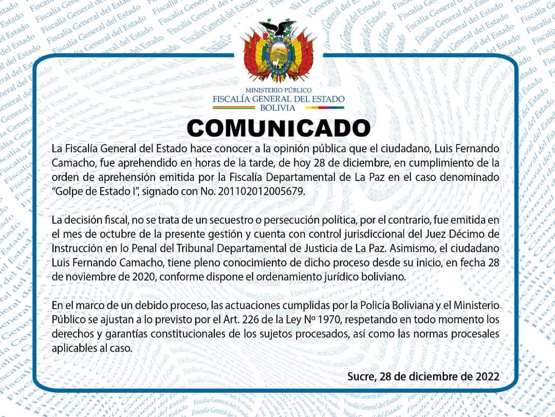Mar78112838's tweet photo. #Bolivia 🇧🇴
#LasRedesHablan 🗣️
#Último 
FISCALÍA CONFIRMA QUÉ CAMACHO FUE APREHENDIDO POR EL CASO "GOLPE DE ESTADO l" 

Los delitos por los que se le acusa son: terrorismo y sedición además de otros. https://t.co/VDWaC5VFwn