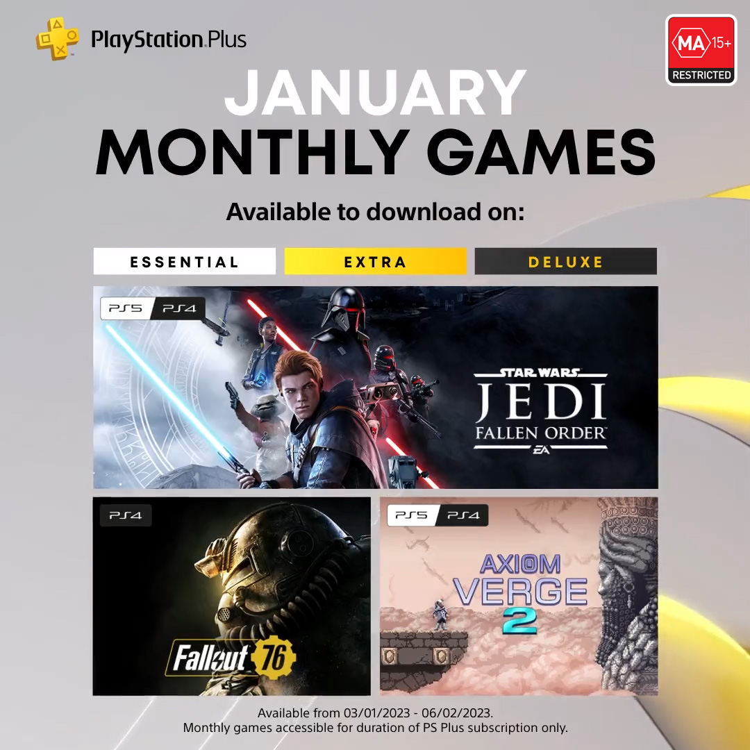 PlayStation AU on X: New year (almost!), new games. PlayStation Plus  Monthly Games for January 2023: • Star Wars Jedi: Fallen Order • Fallout 76  • Axiom Verge 2 Full details