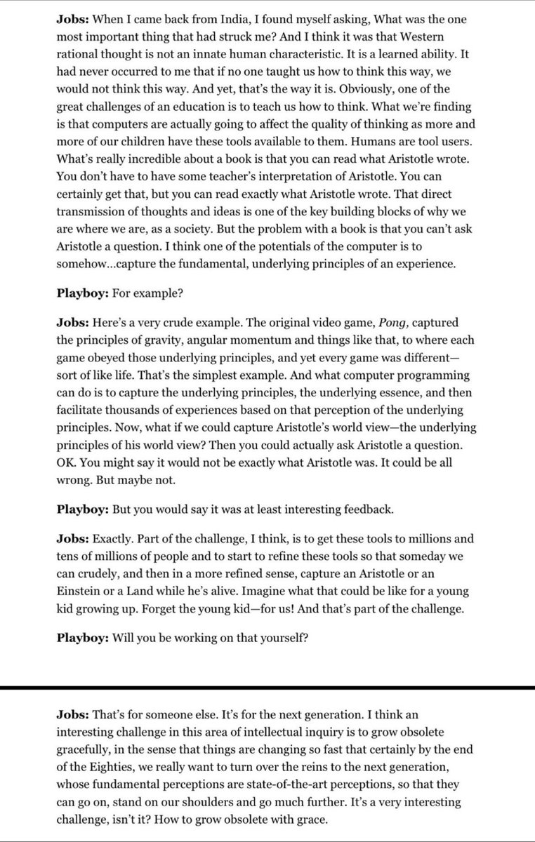 Steve Jobs describing the basis for a product similar to #ChatGPT in this Playboy interview from way back in 1985.

Rest of interview can be found here. archive.org/details/jobs-p…