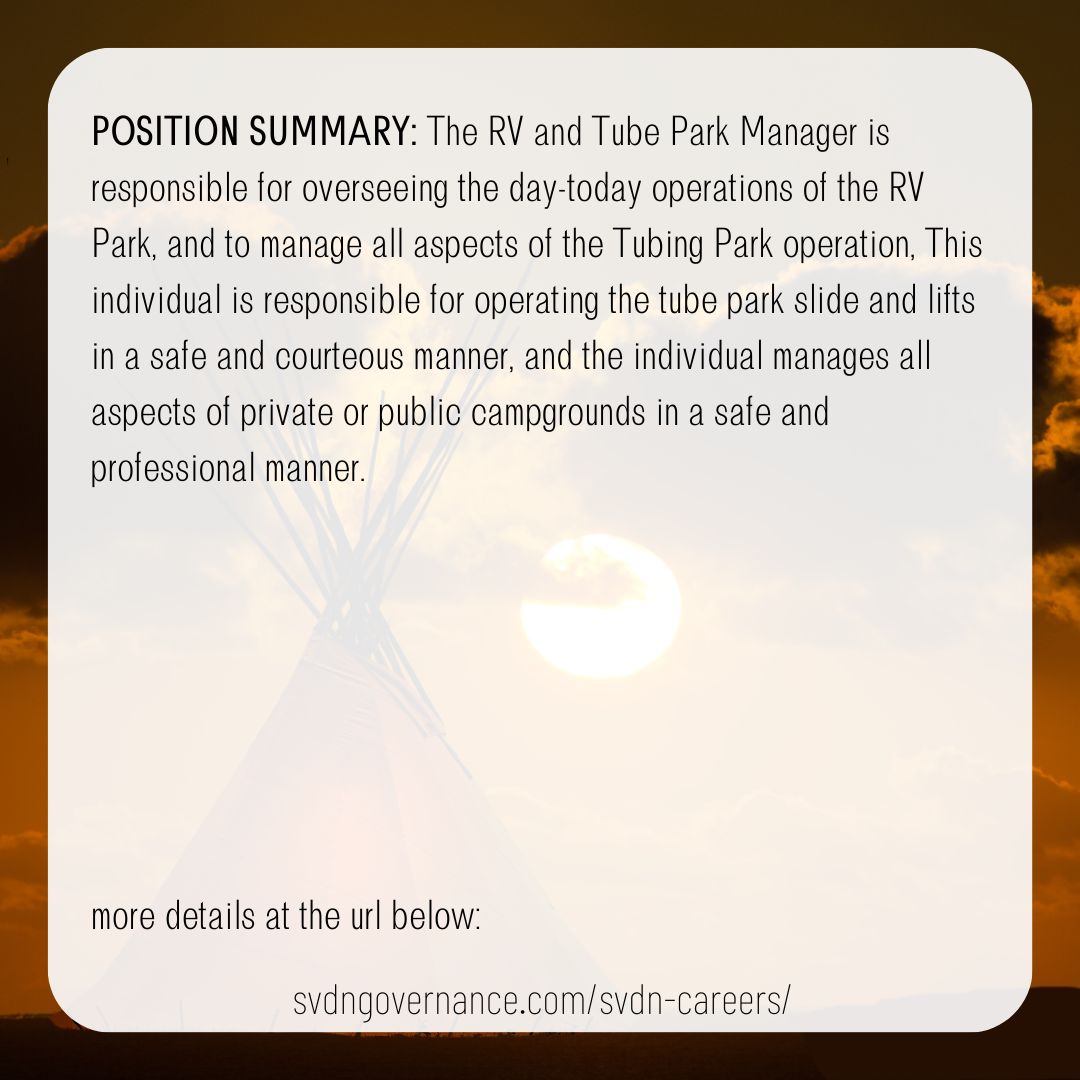 SVDN_Self_Government_RV__Tube_Park_Manager_FT_2023.01.13_2022139
Deadline: January 13, 2023 4:00 pm

svdngovernance.com/svdn-careers/
