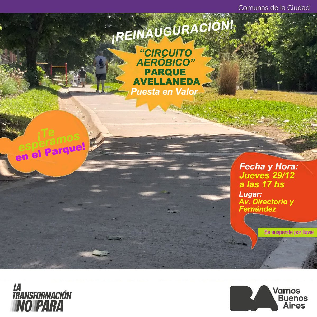 bacomuna9's tweet photo. 😍 ¡FALTA POCO!

🏃‍♀️🏃‍♂️¡REINAUGURACIÓN! "PUESTA EN VALOR" del "CIRCUITO AERÓBICO" de #ParqueAvellaneda 🙌

¡No Faltes! Acercate...
👉 Av. Directorio y Fernández, Parque Avellaneda, Comuna 9 🙌

📆🕓 Fecha y Hora: Jueves 29/12 a las 17.00 hs

#SomosComuna9
#Presidenciacomuna9 https://t.co/1qCbbzaoUF