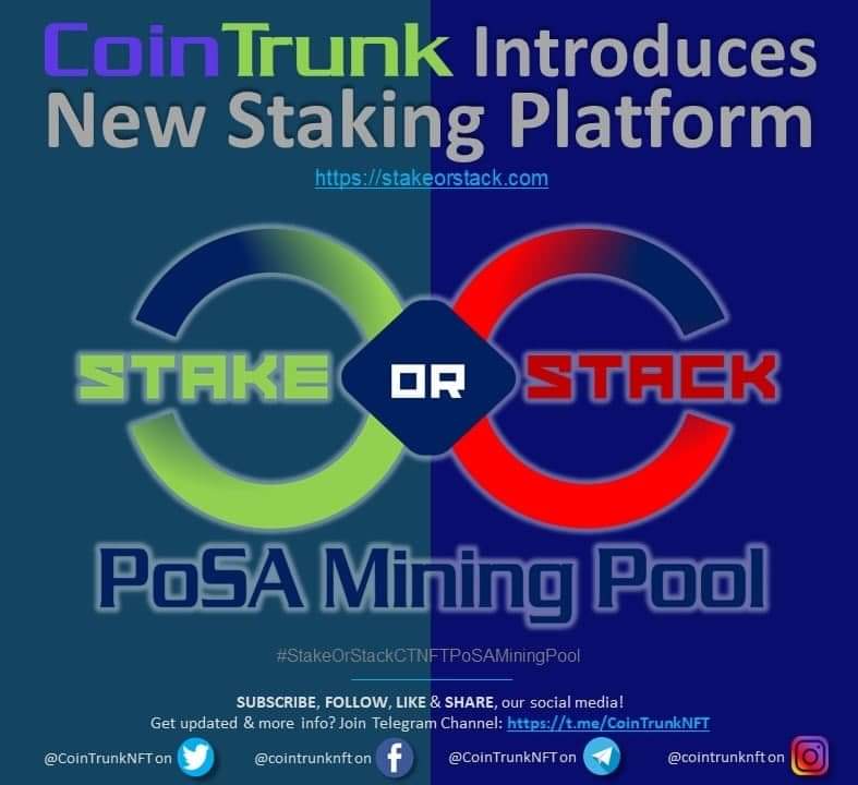 CoinTrunkNFT's tweet photo. #CoinTrunk present:
https://t.co/talXuqYyzf 

‘CTNFT PoSA MINING POOL’ 

A cloud mining pool where its community lock their cryptocurrency for a set period of time to support the operation of CoinTrunk’s Blockchain &amp; rewarded to gain more Daily Mining Reward.

#StakeOrStack https://t.co/QWWtn4ru7e