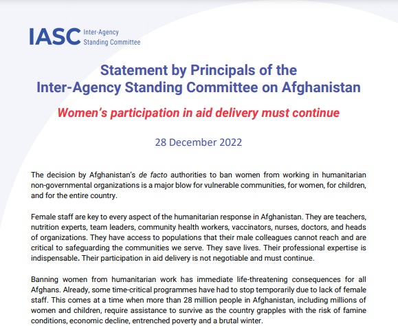 Achim Steiner (@asteiner) on Twitter photo "The decision by Afghanistan’s de facto authorities to ban women from working in humanitarian NGOs is a major blow for vulnerable communities, for women, for children, and for the entire country."
Joint statement by Principals of the <a href="/iascch/">Inter-Agency Standing Committee (IASC)</a> #Afghanistan bit.ly/3Z6f3eq "The decision by Afghanistan’s de facto authorities to ban women from working in humanitarian NGOs is a major blow for vulnerable communities, for women, for children, and for the entire country."
Joint statement by Principals of the <a href="/iascch/">Inter-Agency Standing Committee (IASC)</a> #Afghanistan bit.ly/3Z6f3eq