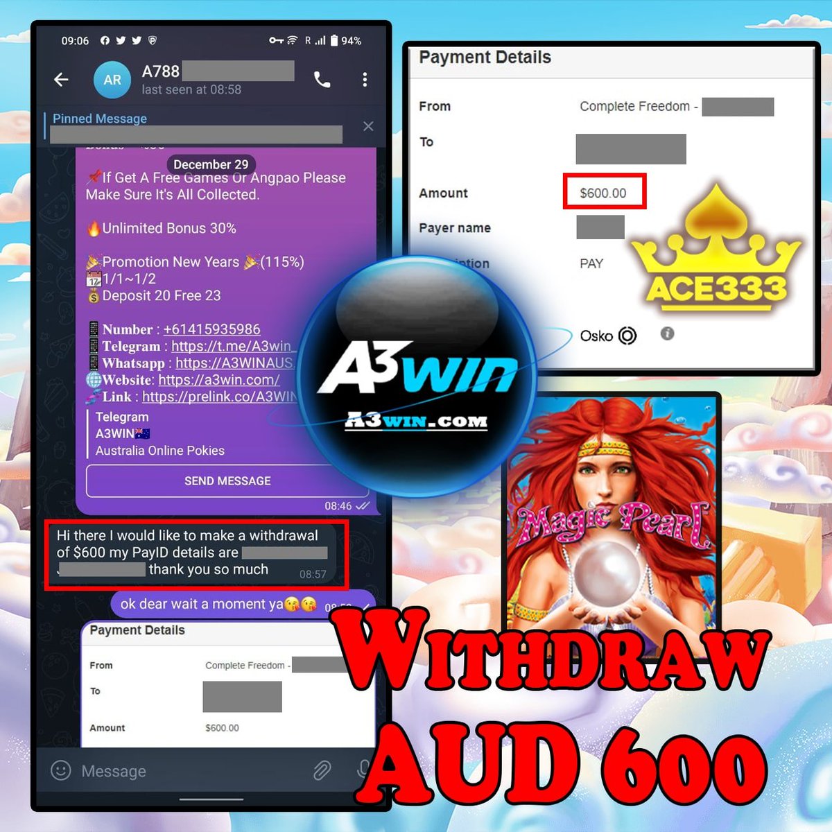 A3winA's tweet photo. 🎰Game : ACE333
🎮Game Tips : MagicPearl
💲Deposit : AUD 65
🏧Withdraw：AUD 600

🧬 𝗟𝗜𝗡𝗞👉🏻 https://t.co/8mHEUqhblV

#A3win #Australia #casino #slotgame #Pokies #FreeCredit #FreeGame #jackpotshipping #BestCompany https://t.co/WFVgP7Z5s8