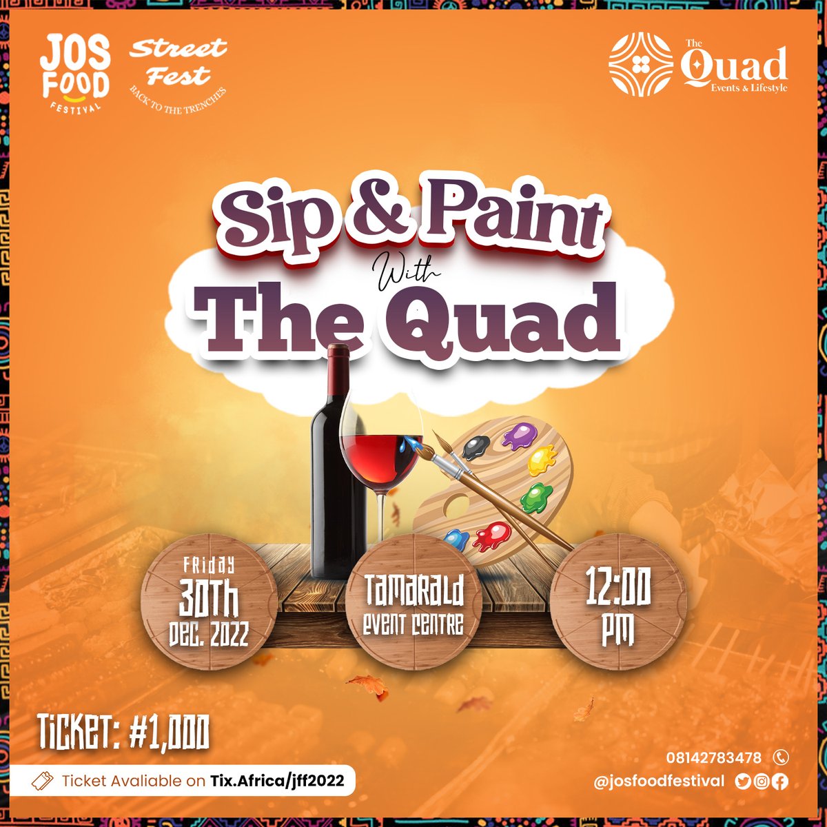 Josfoodfestival's tweet photo. The Quad Lifestyle is waiting to offer you a wonderful Sip & Paint experience at the festival.
Bring your creativity to life and create a masterpiece!
#JosFoodFestival2022 #StreetFest #BackToTheTrenches https://t.co/VLKIZq4UyG