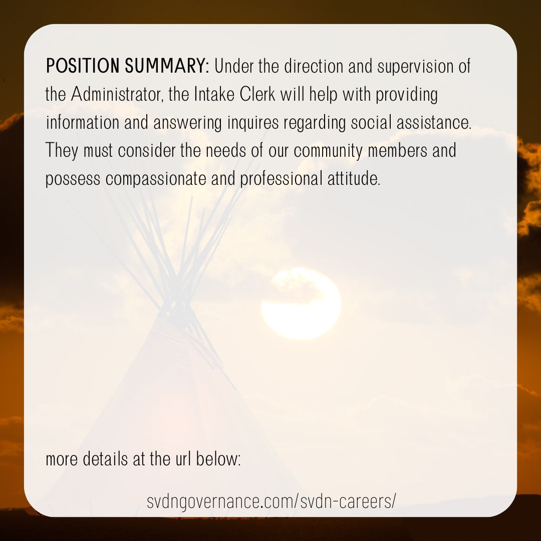 SVDN_Social_Development_Intake_Clerk_FT_2023.01.13_2022149
Deadline: January 13, 2023 4:00 pm

svdngovernance.com/svdn-careers/