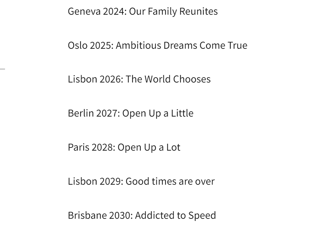 HeIsTheCuz's tweet photo. I asked AI to come up with a slogan for Eurovision 2023 and then for every following year and it quickly lost its mind https://t.co/US6VPX8g6b