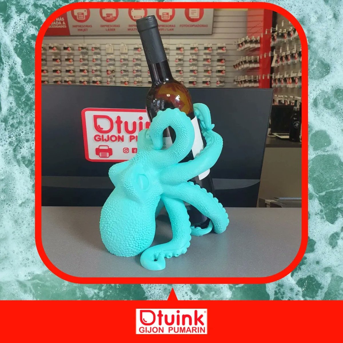 GijonTuink's tweet photo. 📣📣 El #GreatestPrint de la semana es este original #pulpo 🐙 porta-botellas, impreso en #3D con nuestro filamento genérico #PLA de color #turquesa 👌😊
#Tuink3D #Impresión3D #Impresora3D #ArtilleryX1 #Creality #CR10S #SizeMatters #FabricaciónAditiva #asturmaker #albariño #Tuink https://t.co/rA78udTkWD