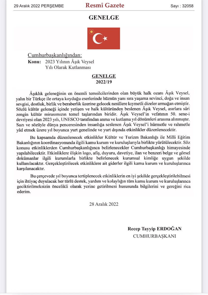 “Her kim ki olursa bu sırra mazhar
Dünyaya bırakır ölmez bir eser
Gün gelir Veysel'i bağrına basar”

2023 yılının ‘Aşık Veysel’ yılı olarak kutlanması ile ilgili karar Resmî Gazete’de yayımlandı.

Âşıklık geleneğinin temsilcilerinden Âşık Veysel'i bir kez daha rahmetle anıyorum.