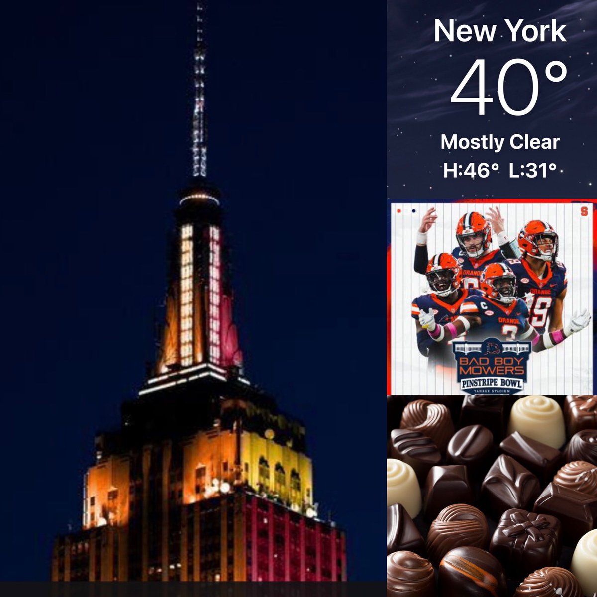 Sunset was at 4:36PM as #NYers enjoyed a warmup in temps above freezing. The @EmpireStateBldg is lit in honor of the #PinstripeBowl tomorrow @yankeestadium btw the #SyracuseOrange vs #MinnesotaGoldenGophers as #CandyLovers celebrate #NationalChocolateCandyDay @NationalDayCal @ny1