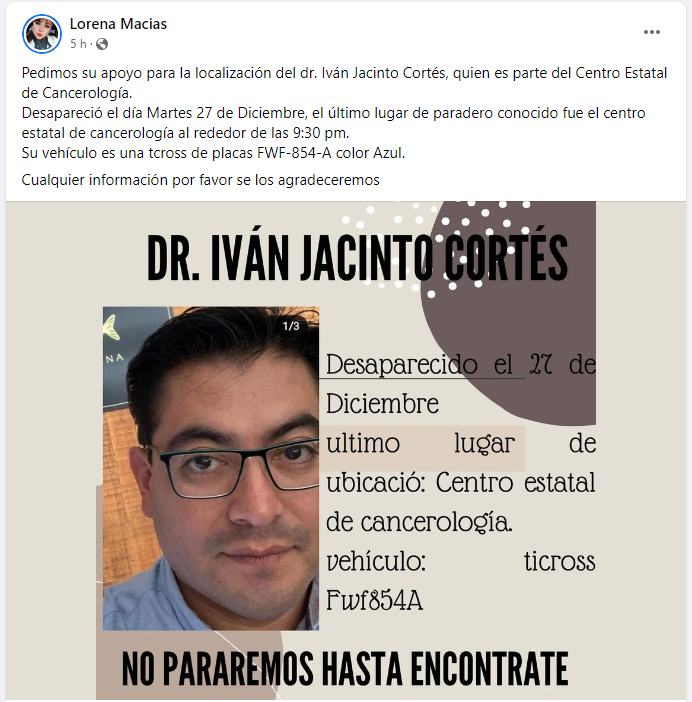 OscarAdrianL's tweet photo. Anoche desapareció el doctor Iván Jacinto Cortés, de 42 años, quien labora en el Centro Estatal de Cancerología de Colima.

Fue visto por última vez ayer alrededor de las 9:30pm en su lugar de trabajo. https://t.co/MtCo4Csz5B