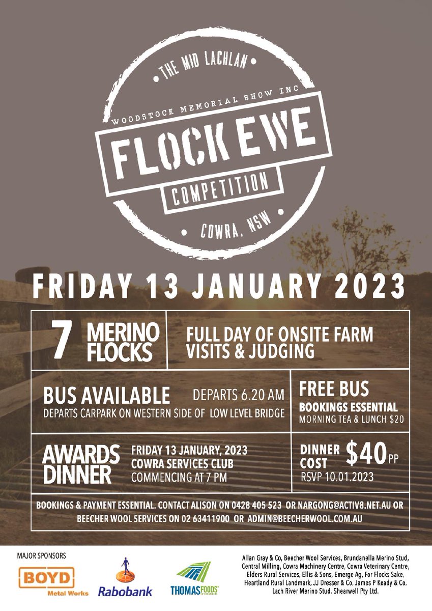 Seven merino flocks will be on display at the upcoming Mid Lachlan Flock Ewe Competition, Cowra on Friday 13 January 2023.

A free bus is available, bookings are essential contact Alison on 0428 405 523.

#FlockEwe #Merinonsw #maidenmerinoewe #cowransw #merinos #pollmerinos