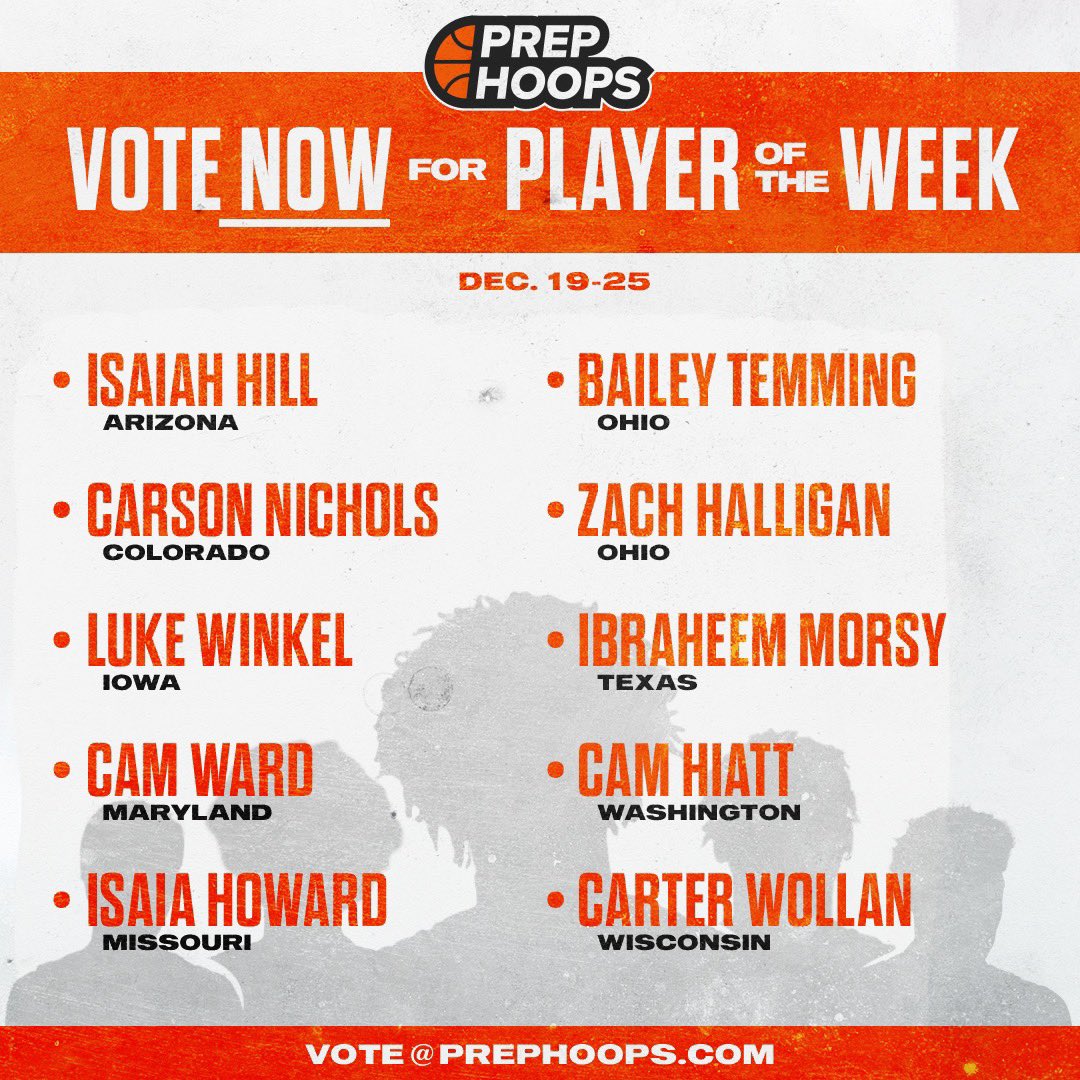 PrepHoops's tweet photo. Player of the Week voting is 𝐋𝐈𝐕𝐄. 

Click the link below to read about Week 4's standouts from across the country &amp; to cast your vote! 

*Voting closes Saturday at midnight* 

VOTE HERE: https://t.co/cpI3PFozS8 https://t.co/rdF2rn3SMU