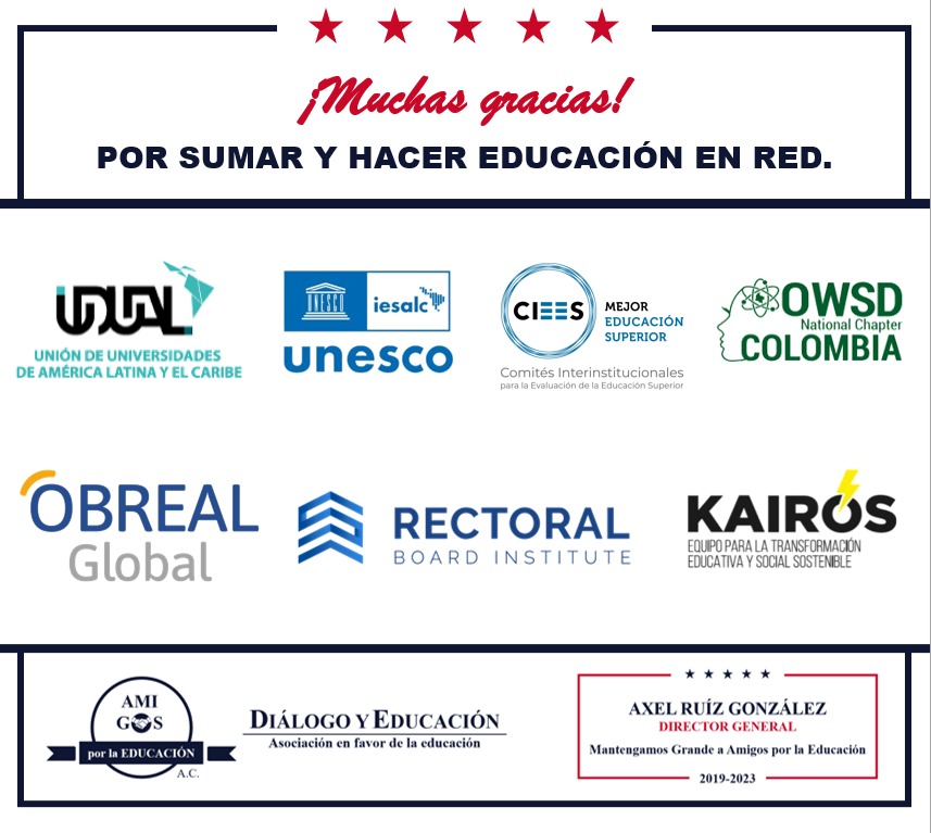 Previo a terminar el año, agradecemos a todas las instituciones y organizaciones educativas con quiénes tuvimos el gusto de colaborar.
Muchas gracias @UDUAL <a href="/unesco_iesalc/">UNESCO IESALC #EducaciónSuperior #HigherEducation</a> <a href="/ciees_mx/">CIEES</a> <a href="/RectoralBoard/">Rectoral Board</a> <a href="/OwsdColombia/">OWSD Colombia 🇨🇴</a> <a href="/OBREAL_/">Obreal</a> <a href="/Kairos_edu/">Kairós. Equipo para la transformación educativa</a>, y muchas más, por sumar en red.