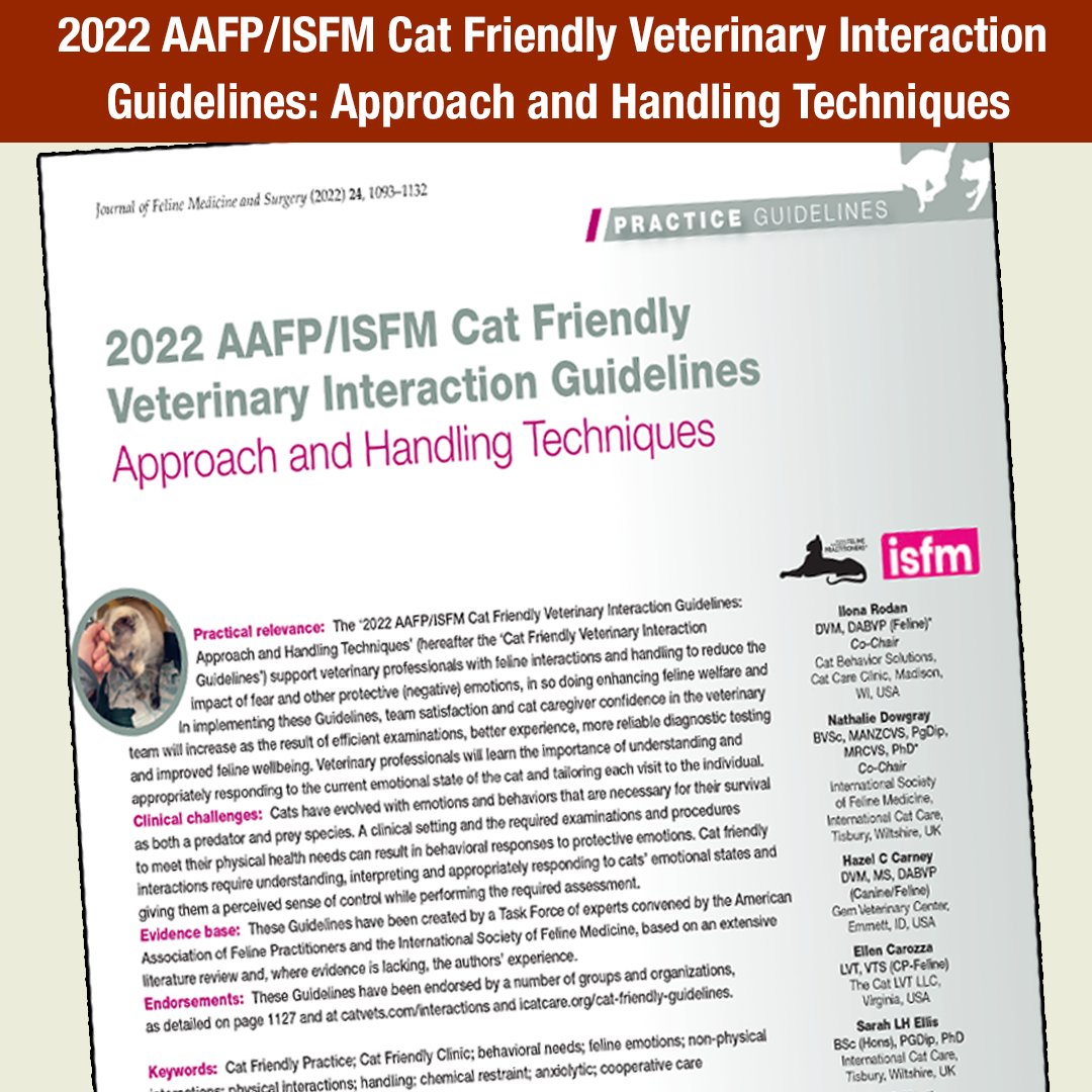 CatVets's tweet photo. Check out the 2022 AAFP/ISFM Cat Friendly Veterinary Interaction Guidelines. These Guidelines support veterinary professionals in reducing the impact of fear and other protective (negative) emotions.
https://t.co/C4NYIBv46k
#CatFriendlyPractice #CatFriendly10 https://t.co/bZHeDU3Y2n