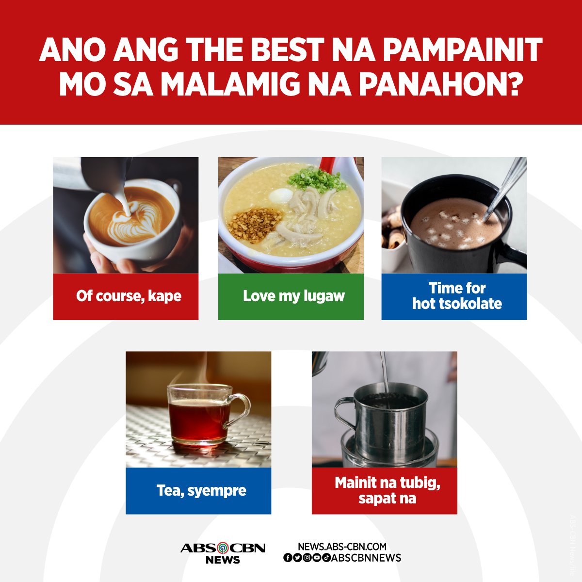 DZMMTeleRadyo's tweet photo. Ngayong lumalamig na naman ang panahon, ano ang paborito mong pampainit? 🥣☕🍵 https://t.co/do7LNhmGF6
