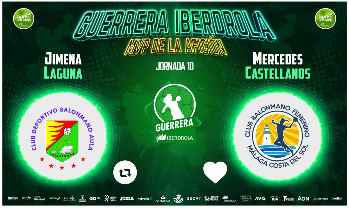 ⭐️ #GuerreraIberdrola - Jornada 10

🆚 <a href="/BmAulaCultural/">CD Balonmano Aula</a> : <a href="/BMMalagaCosta/">Costa del Sol Málaga</a>
 
♻️ RT: <a href="/jimenalaguna14/">Jimena</a>  
❤️ Me gusta: @Merche1616