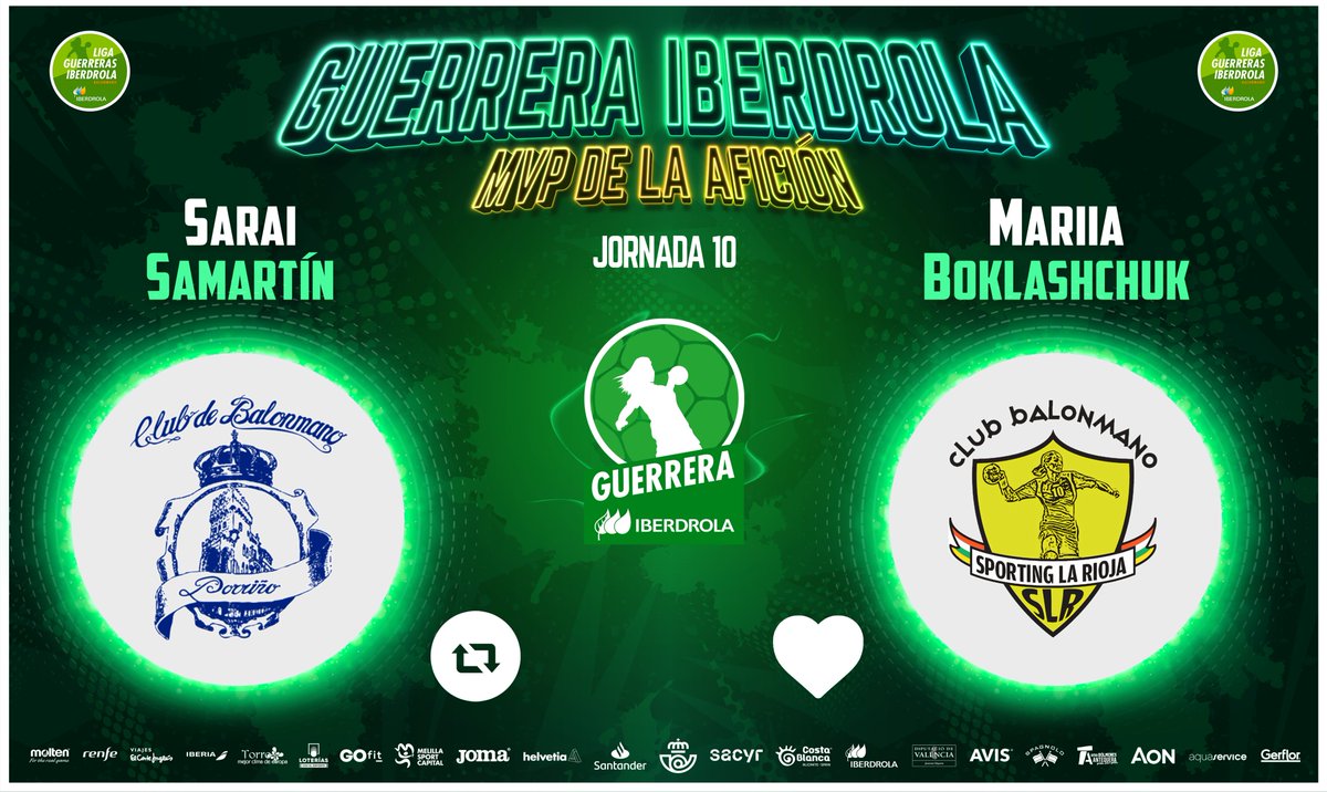 ⭐️ #GuerreraIberdrola - Jornada 10

🆚 <a href="/BmPorrino/">Club Balonmán Porriño</a> : @SportingLR 
 
♻️ RT: <a href="/SaraiSamartin21/">Sarai Samartin</a>  
❤️ Me gusta: Mariia Boklashchuk