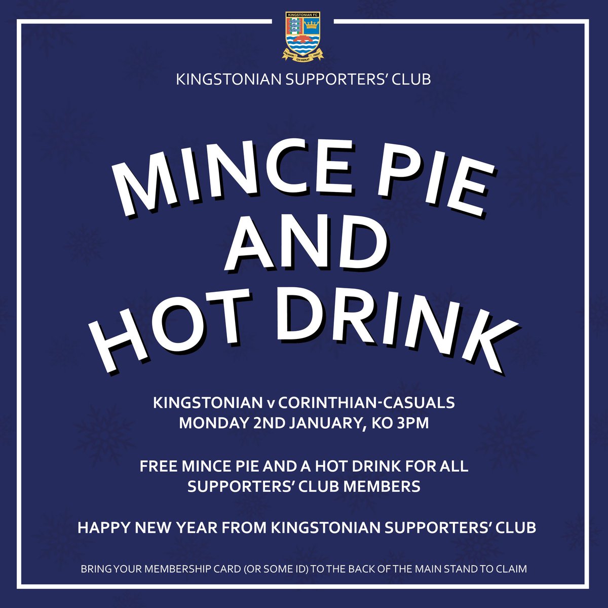 FREE mince pies or sausage rolls plus hot drink, on 2nd January. Predominantly for our members, but we're also hoping to have enough to treat most of the fans at the match.  Happy New Year everyone