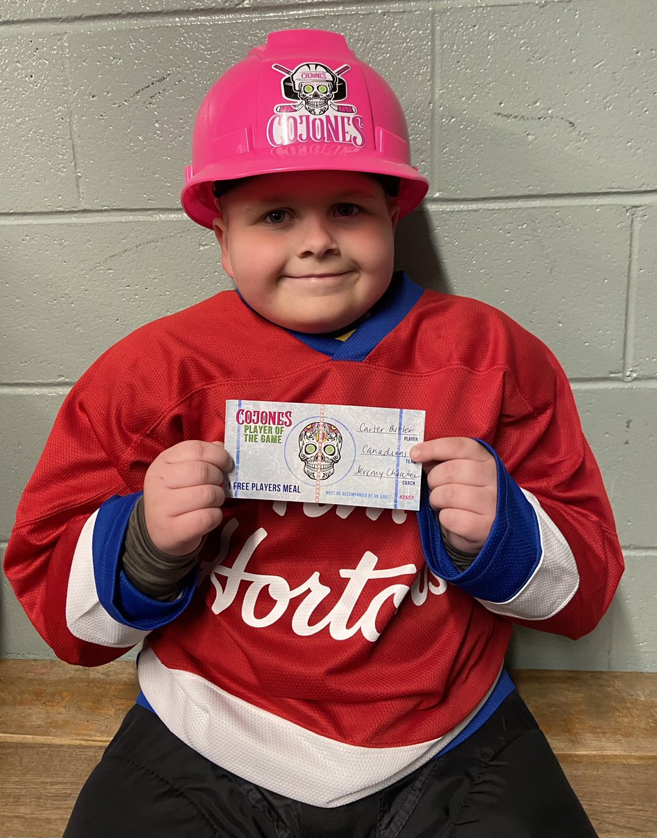 Congrats to Carter on being the <a href="/CojonesTacos/">Cojones Tacos & Tequila</a> bravest player of the game at our Christmas jamboree today. <a href="/SJMHA/">St. John's Caps</a>