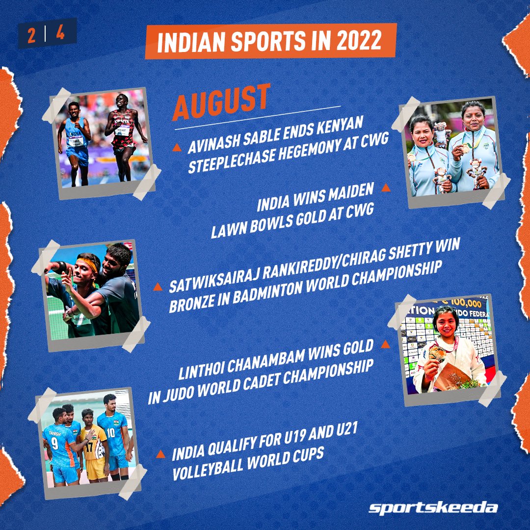 Sportskeeda's tweet photo. 2022 was an incredible year for Indian Sports! We have a look at the biggest Indian Sports moments throughout the last one year. 🇮🇳💙

What was your favourite Indian Sports moment of the year? Let us know! 🙌🏽🤩

#IndianSports #India #Sports #Olympics https://t.co/2oUTjhaTzW