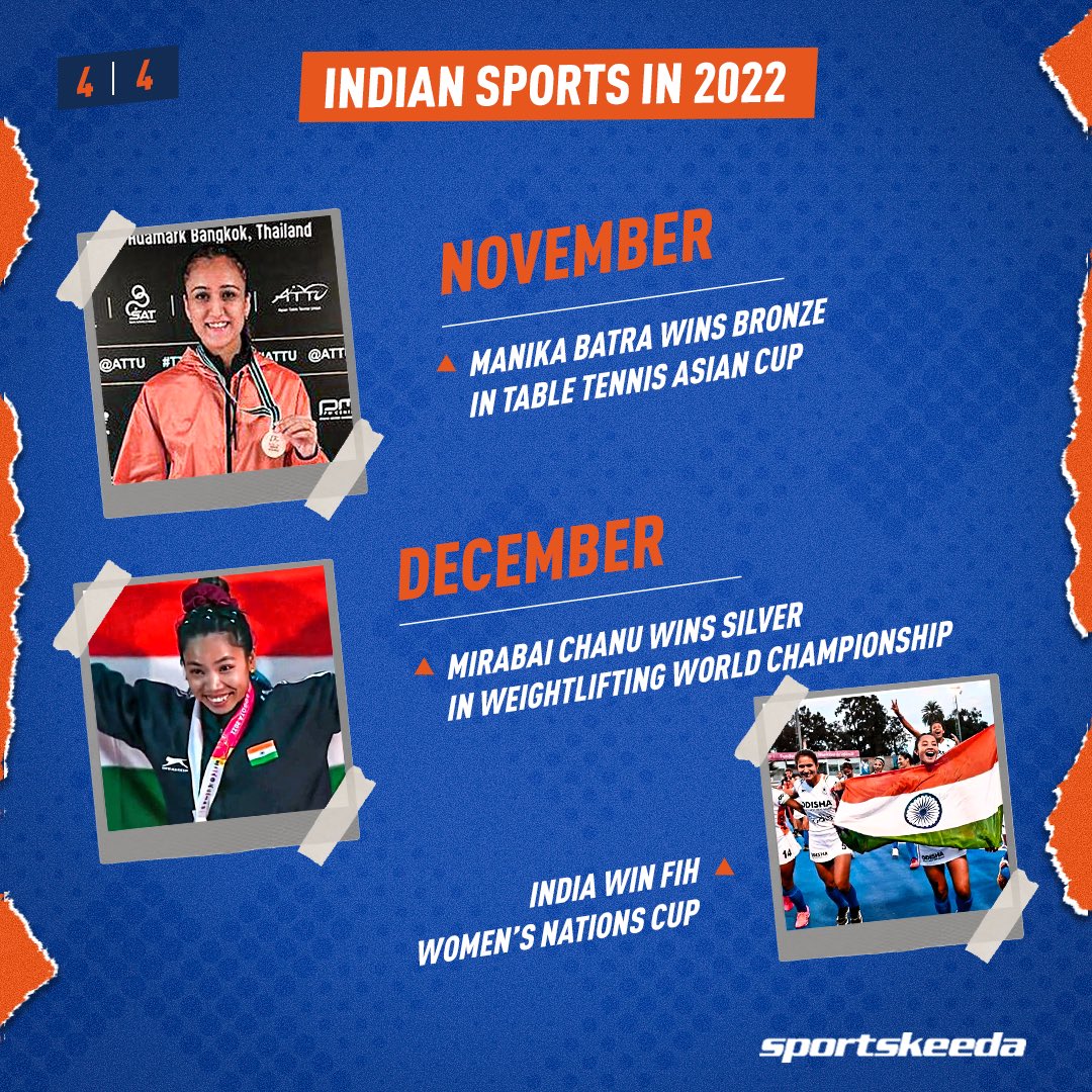 Sportskeeda's tweet photo. 2022 was an incredible year for Indian Sports! We have a look at the biggest Indian Sports moments throughout the last one year. 🇮🇳💙

What was your favourite Indian Sports moment of the year? Let us know! 🙌🏽🤩

#IndianSports #India #Sports #Olympics https://t.co/2oUTjhaTzW