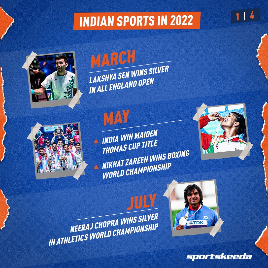 Sportskeeda's tweet photo. 2022 was an incredible year for Indian Sports! We have a look at the biggest Indian Sports moments throughout the last one year. 🇮🇳💙

What was your favourite Indian Sports moment of the year? Let us know! 🙌🏽🤩

#IndianSports #India #Sports #Olympics https://t.co/2oUTjhaTzW