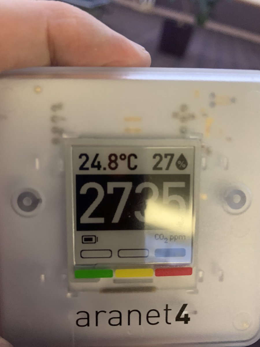Flew today. Saw very few masks except for the ones worn by my family and me. Took a few CO2 readings. The plane at cruising altitude averaged about 1500 ppm. But check out this reading from a very empty terminal at COS. #CovidIsNotOver #indoorair