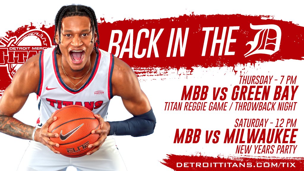 detroittitans's tweet photo. Back in the D! @DetroitMBB is home this week. Get throwback pints &amp; Titan Reggie pins Thurs. at 7 PM vs Green Bay, then spend NYE with us Sat. vs. Milwaukee at 12 PM! #DefendTheHall #TitanTerritory https://t.co/YjpMSsoyIc