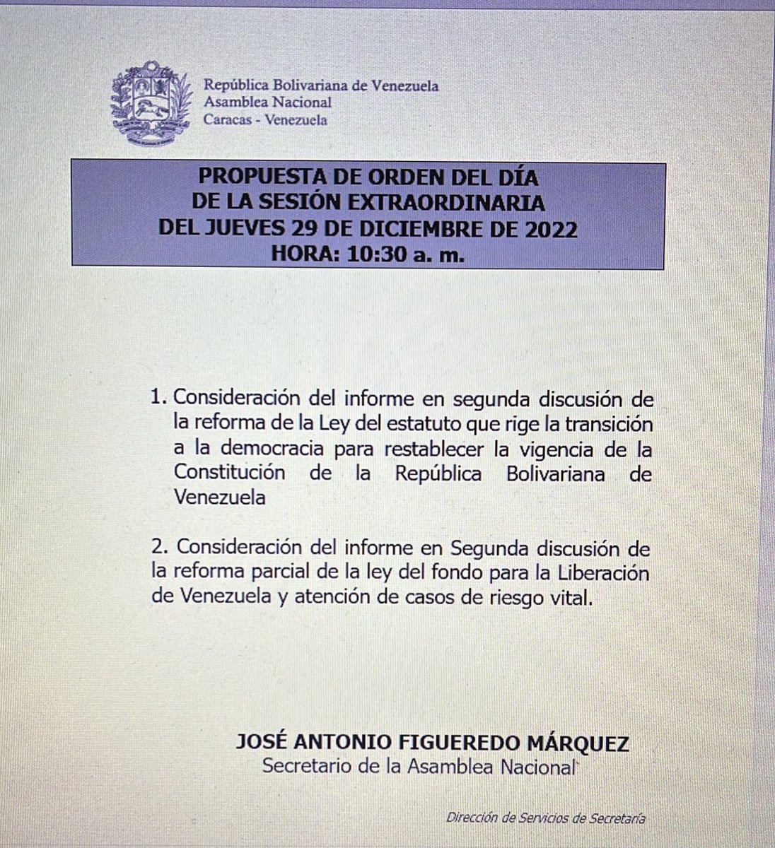 Las fracciones de @ADemocratica @partidoUNT @pr1merojusticia @MPV_Nacional informan que la sesión de @asambleave NO HA SIDO SUSPENDIDA. Ninguna fracción ha sido consultada sobre esa posibilidad,debe cumplirse el reglamento y haber sesión mañana. La @asambleave debe ser respetada