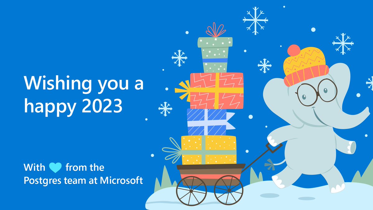 AzureDBPostgres's tweet image. Wishing all of you @PostgreSQL people 🐘 &amp;amp; #AzureDBPostgres customers, partners, &amp;amp; developers a happy 2023.  For us, the end of the year is a time for reflection, celebration, and #gratitude to all we’ve worked with 🙌 🎉