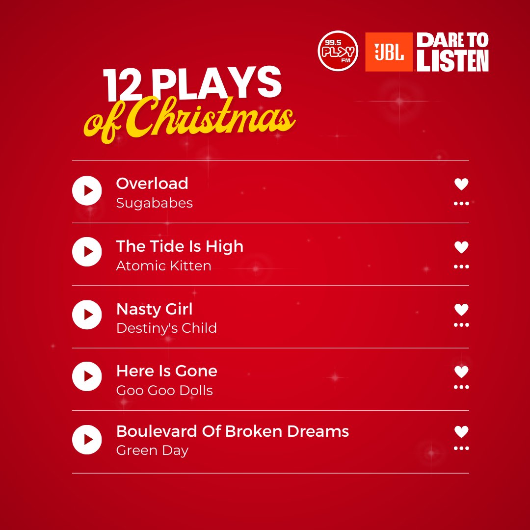 995PlayFM's tweet photo. Here are the first 5 songs from the playlist!
HINT: Don't focus on the lyrics... or even the titles. ๐
If you can figure it out, then reply ๐๐ฝ with your answer and your full name for a chance to win a pair of wireless earbuds from @JBLPH!
#FirstThing995 @_StanSy https://t.co/iIpJHgnKbg