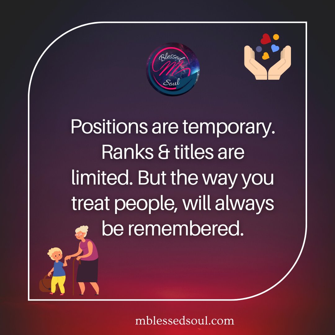 palakpancholi5's tweet photo. Positions are temporary. Ranks & titles are limited. But the way you treat people, will always be remembered.
.
.
#temporarythings #materialisticthings #behaviourtherapy #ranksandtitles #berememberedforgood #behaviourmatters #treatpeoplenicely #spreadkindness #kindnessmatters https://t.co/ga7SpWv7br