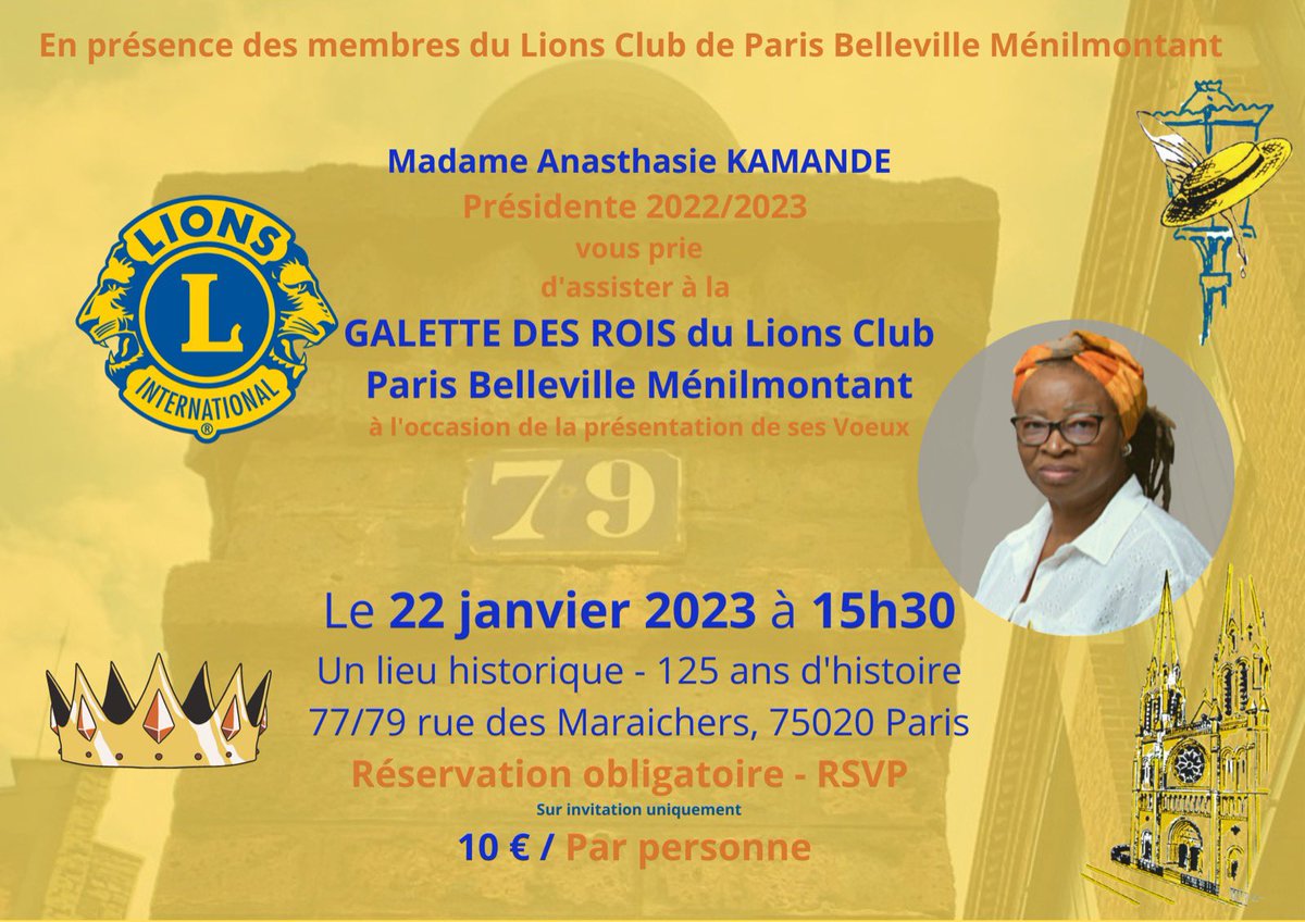 Invitation à la Galette de <a href="/pbm75020/">LIONS PBM</a>, du 22 janvier 2023 à 15 heures 30, dans un lieu chargé d'histoire de #Paris20.

Merci de bien vouloir confirmer votre présence, avant le 12 janvier 2023, via le formulaire.

Réserve sans attendre.
Lien d'inscription : forms.gle/4sPCM8xfR25deW…